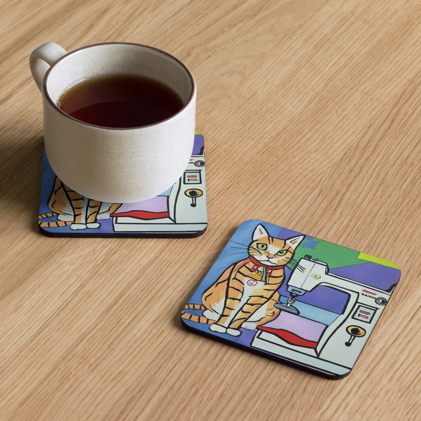 Cork-back Coaster with "Sewing Cat" Graphic - The Perfect Gift for People who Love to Sew