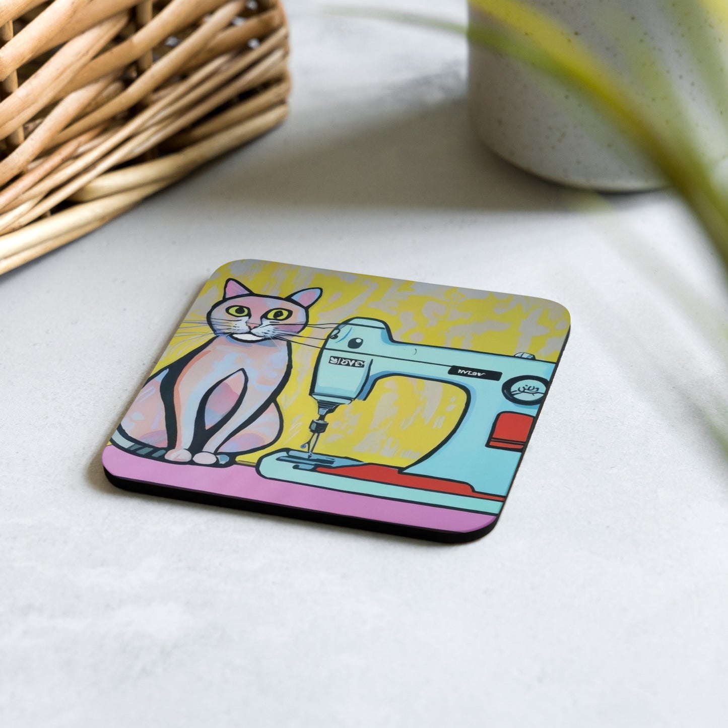 Cork-back Coaster with "Sewing Cat" Graphic - The Perfect Gift for People who Love to Sew