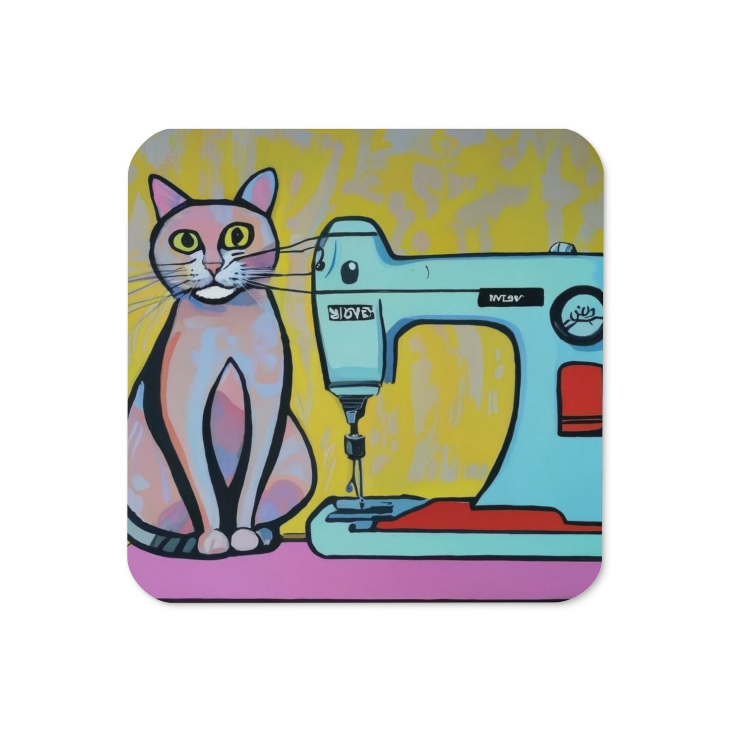 Cork-back Coaster with "Sewing Cat" Graphic - The Perfect Gift for People who Love to Sew