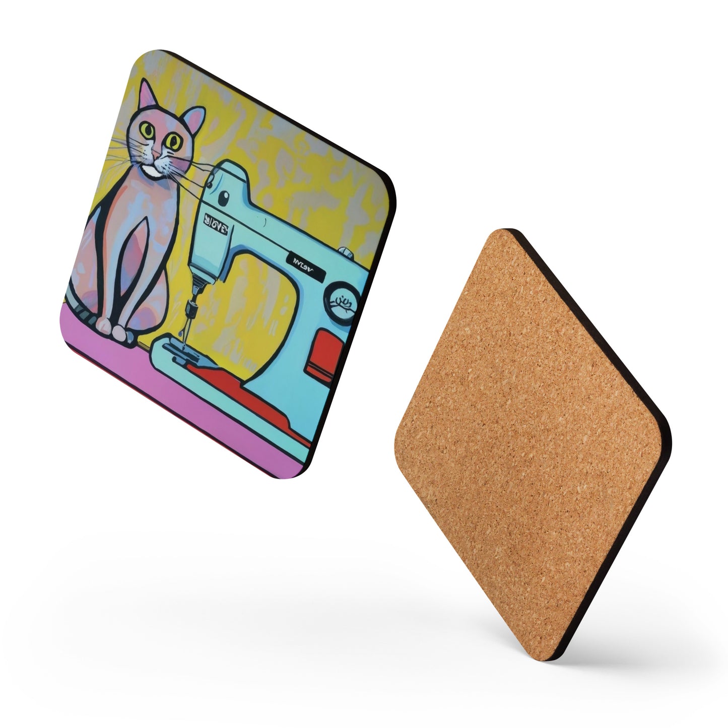 Cork-back Coaster with "Sewing Cat" Graphic - The Perfect Gift for People who Love to Sew