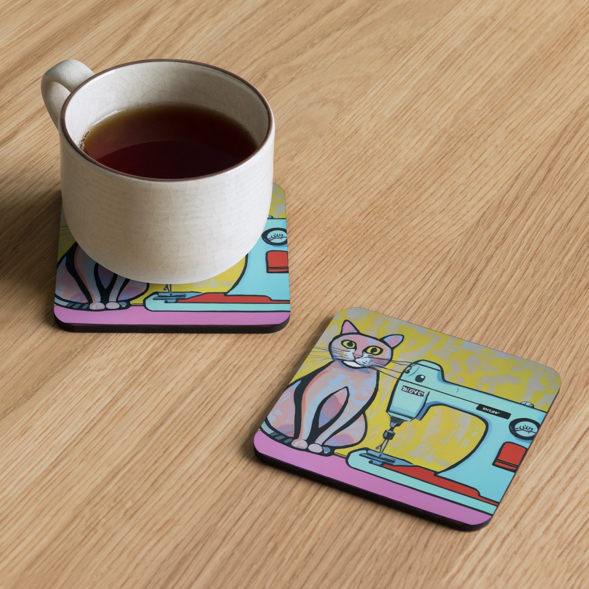 Cork-back Coaster with "Sewing Cat" Graphic - The Perfect Gift for People who Love to Sew