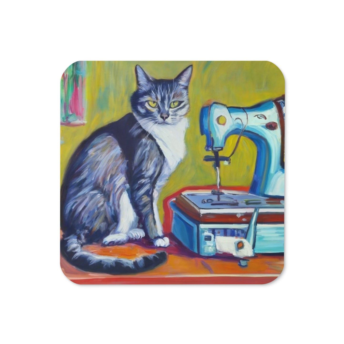 Cork-back Coaster with "Sewing Cat" Graphic - The Perfect Gift for People who Love to Sew