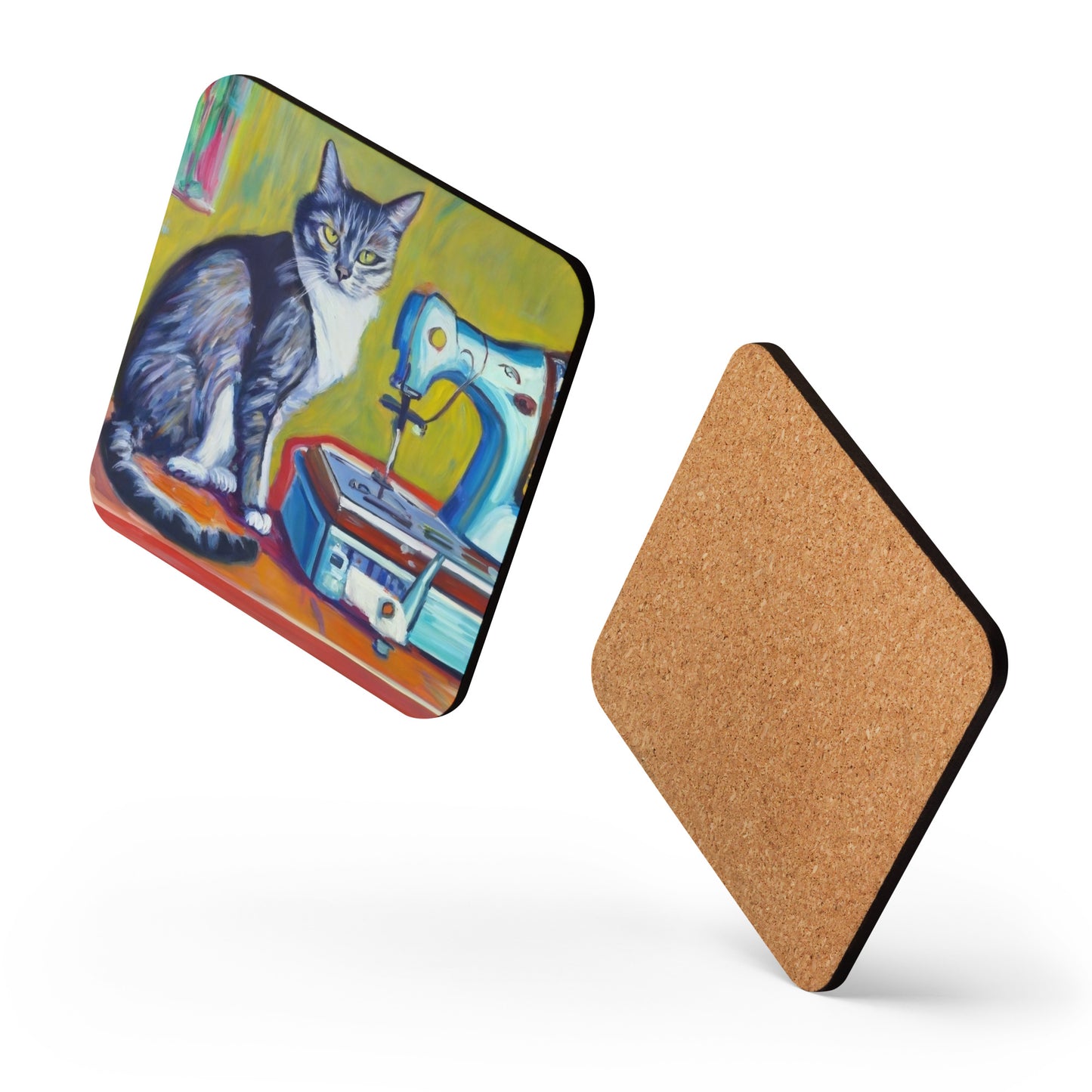 Cork-back Coaster with "Sewing Cat" Graphic - The Perfect Gift for People who Love to Sew