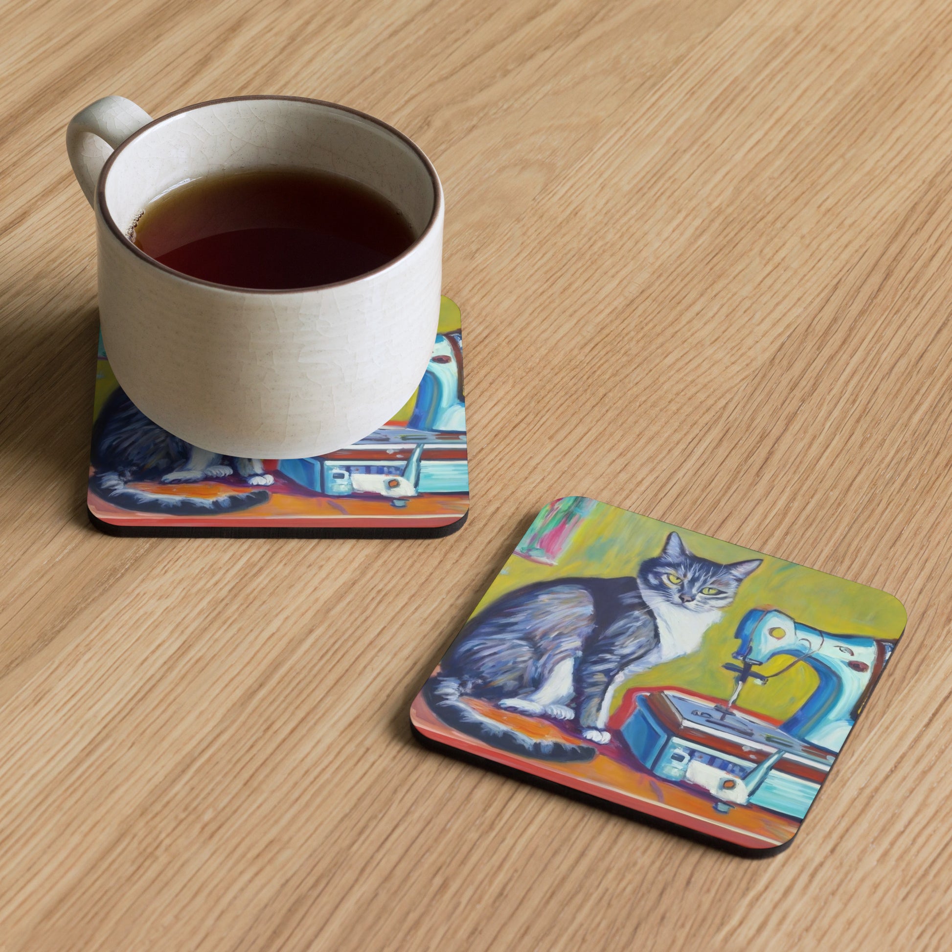 Cork-back Coaster with "Sewing Cat" Graphic - The Perfect Gift for People who Love to Sew