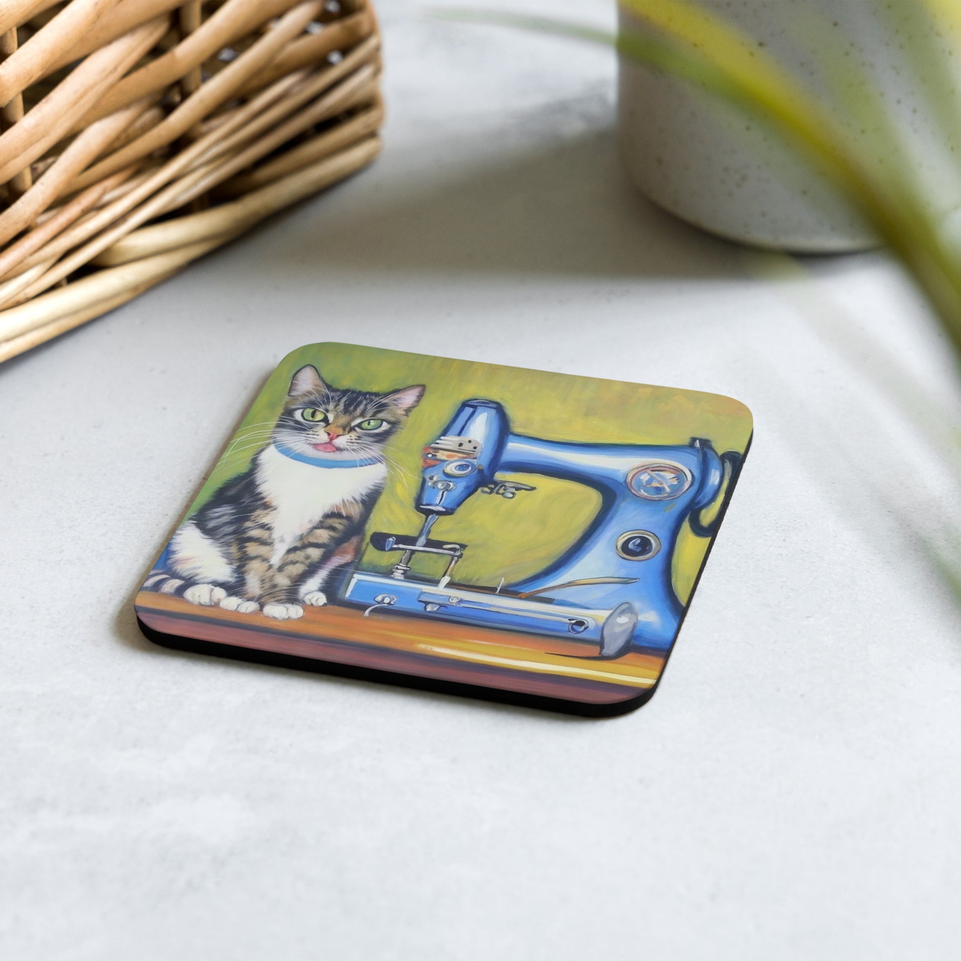 Cork-back Coaster with "Sewing Cat" Graphic - The Perfect Gift for People who Love to Sew