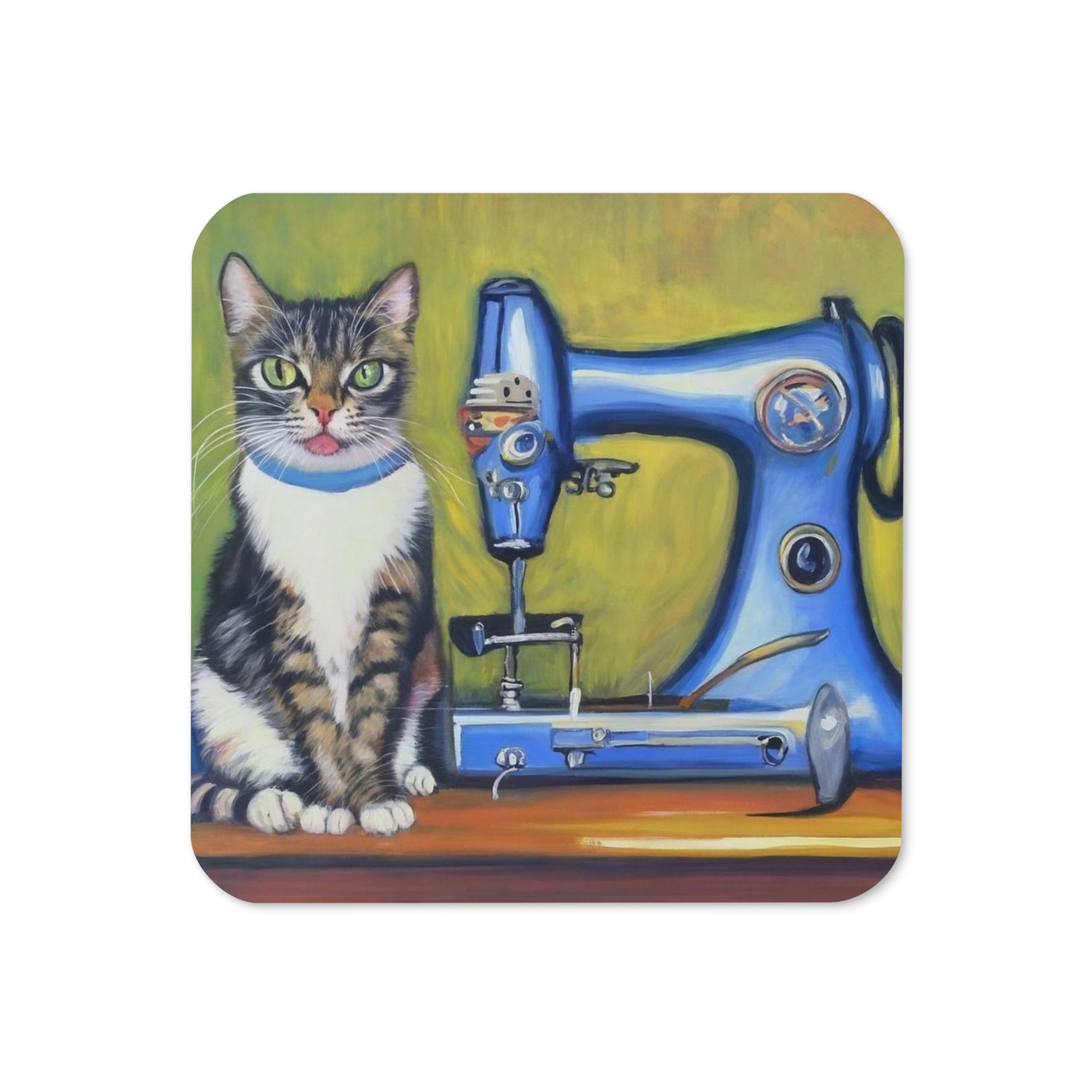 Cork-back Coaster with "Sewing Cat" Graphic - The Perfect Gift for People who Love to Sew