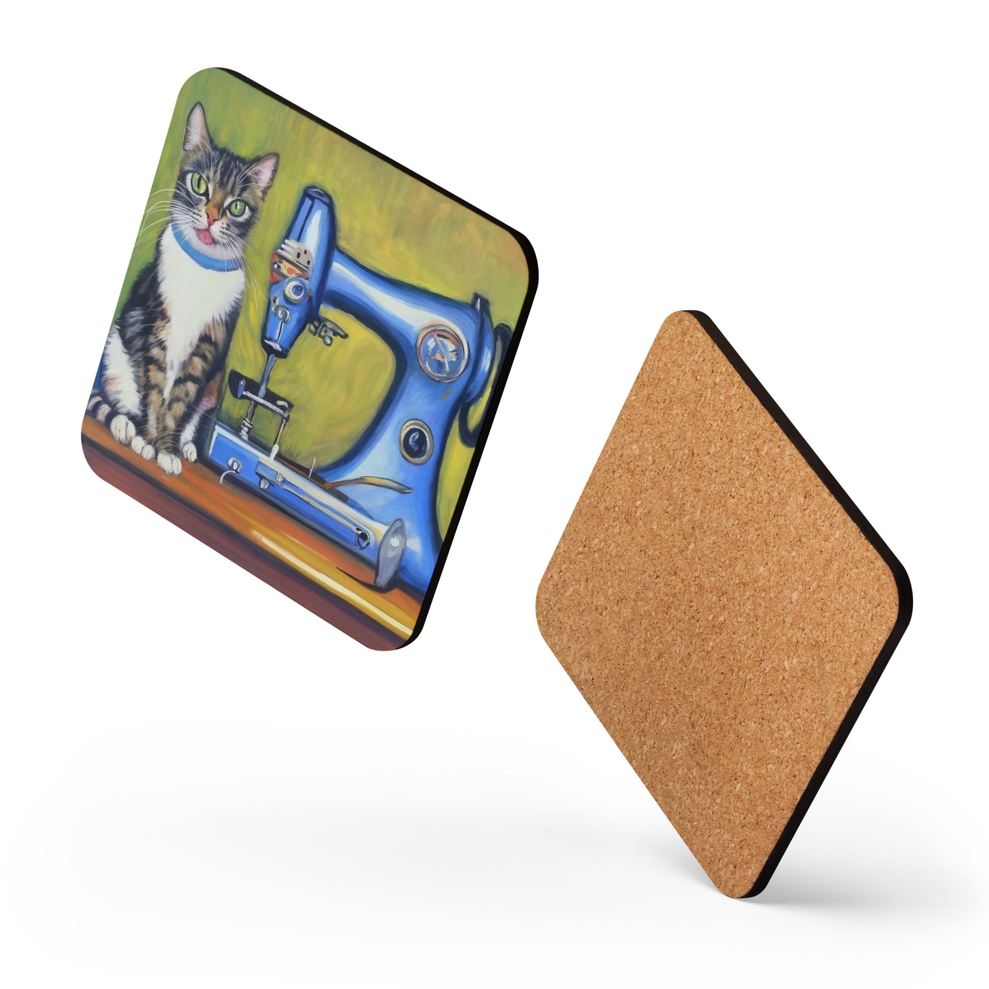 Cork-back Coaster with "Sewing Cat" Graphic - The Perfect Gift for People who Love to Sew