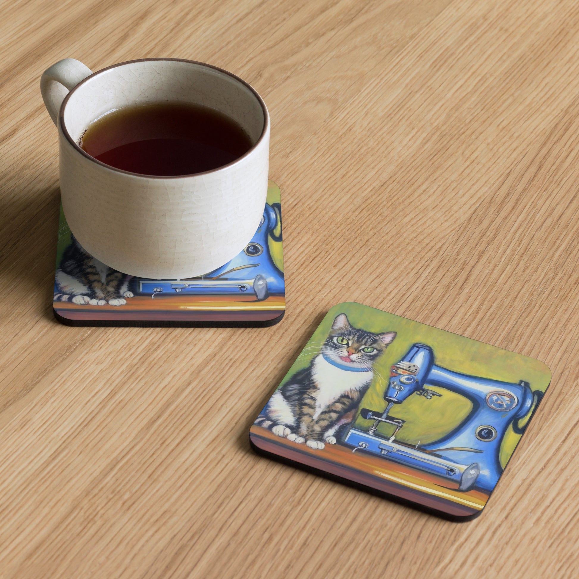 Cork-back Coaster with "Sewing Cat" Graphic - The Perfect Gift for People who Love to Sew