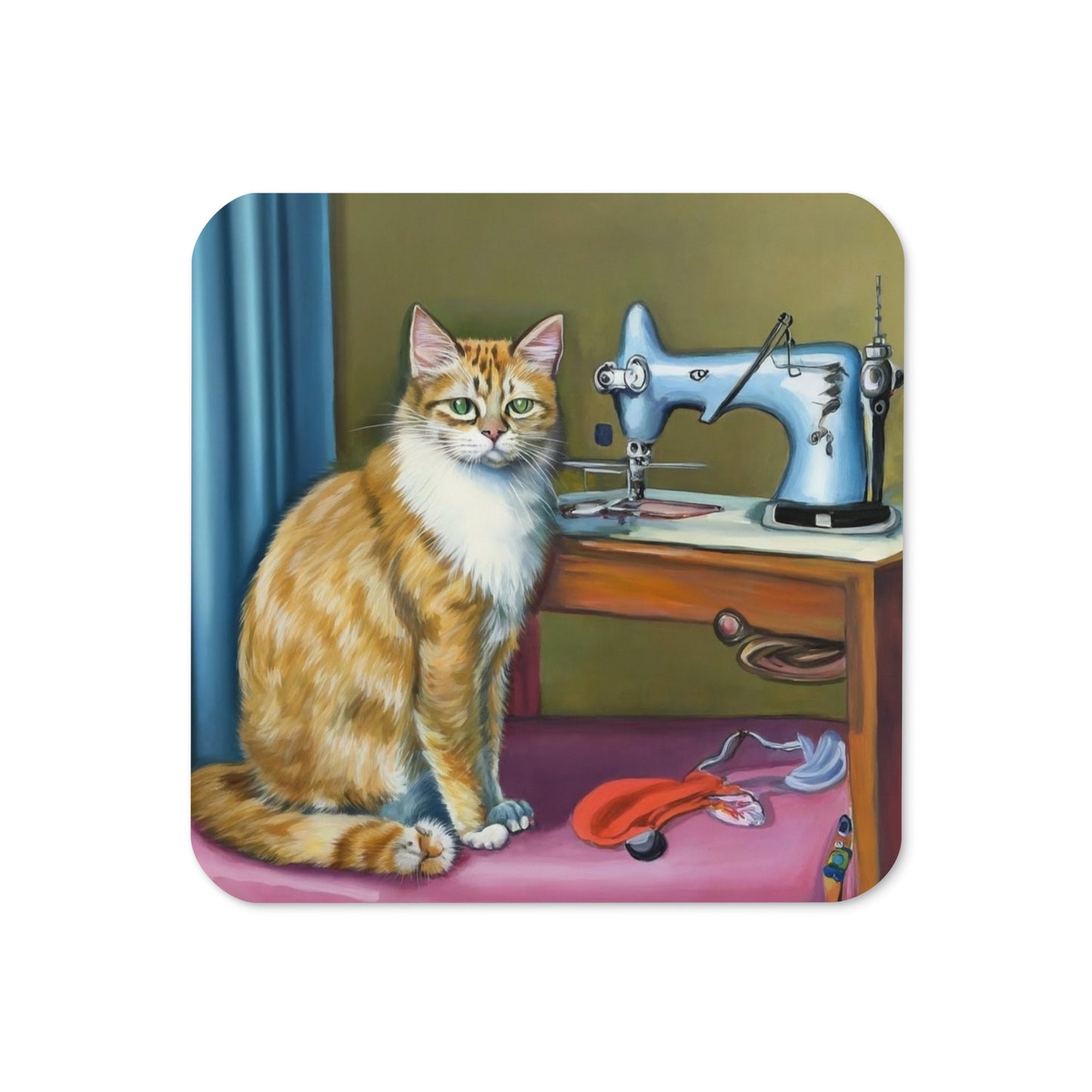 Cork-back Coaster with "Sewing Cat" Graphic - The Perfect Gift for People who Love to Sew