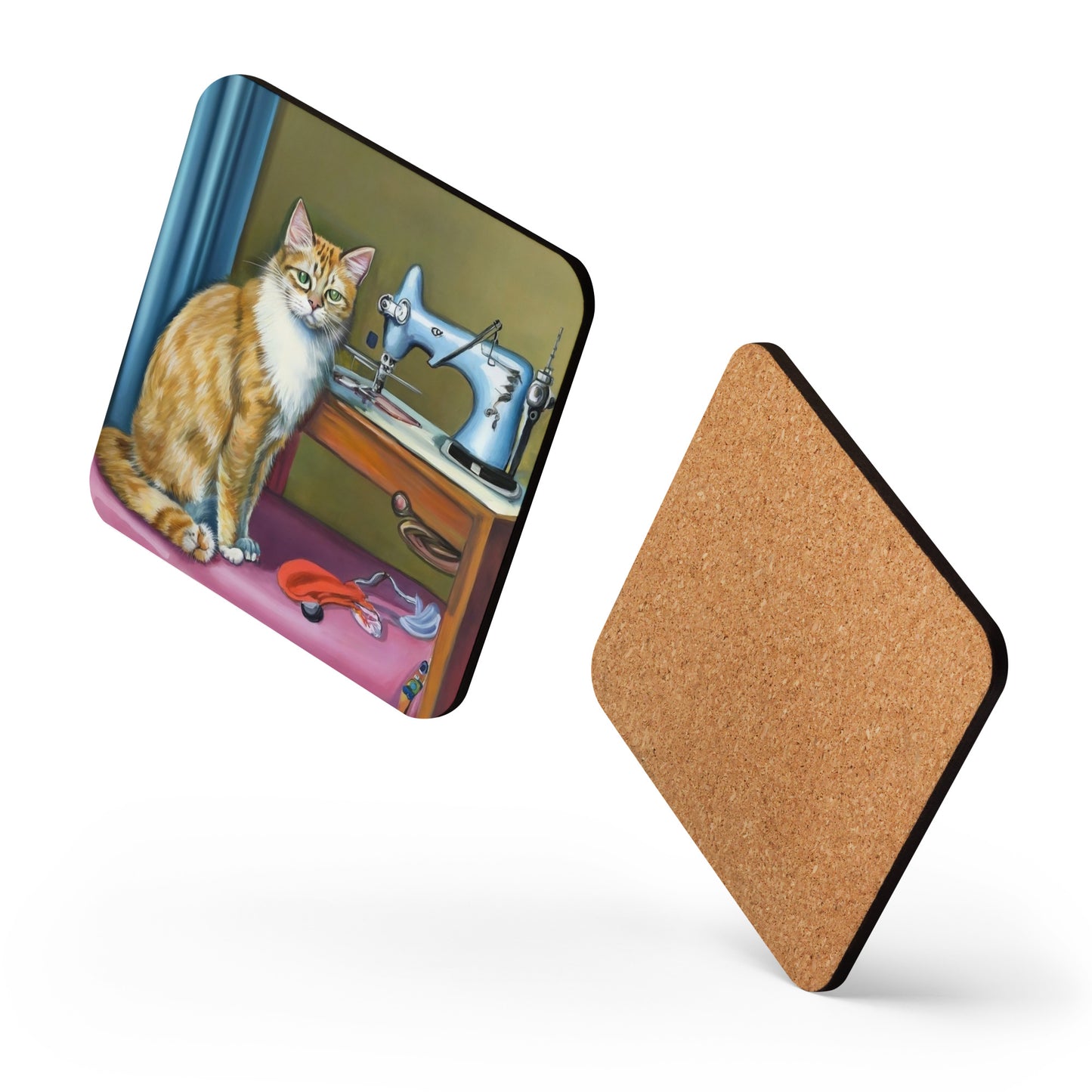 Cork-back Coaster with "Sewing Cat" Graphic - The Perfect Gift for People who Love to Sew