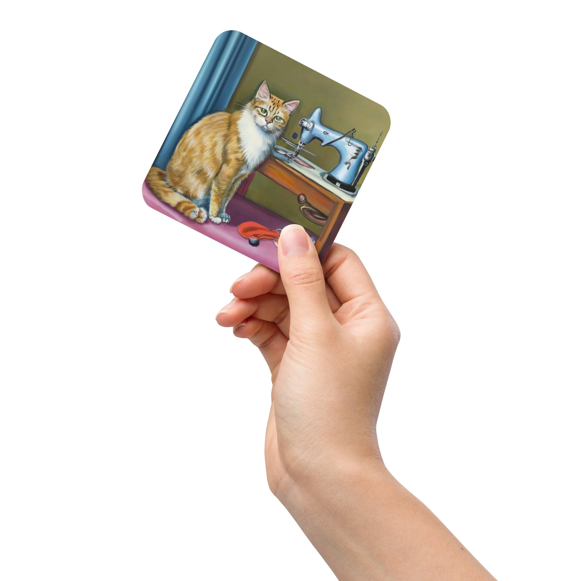 Cork-back Coaster with "Sewing Cat" Graphic - The Perfect Gift for People who Love to Sew