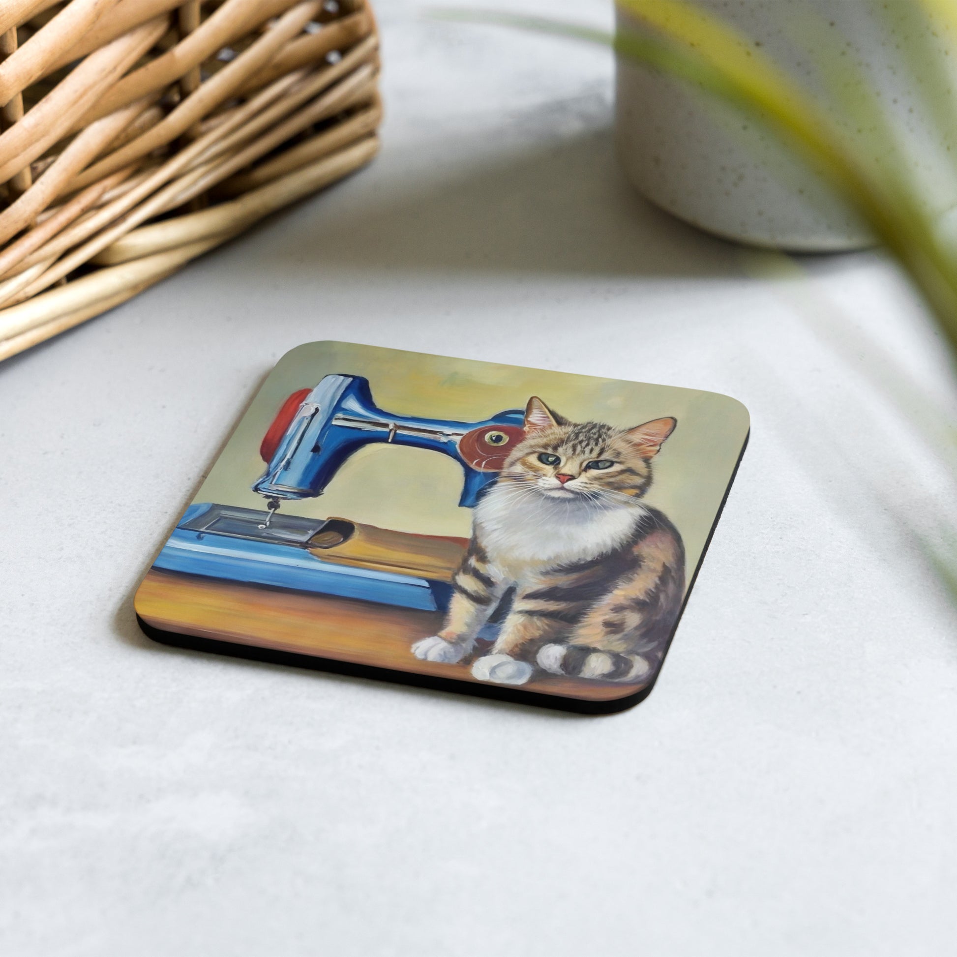 Cork-back Coaster with "Sewing Cat" Graphic - The Perfect Gift for People who Love to Sew