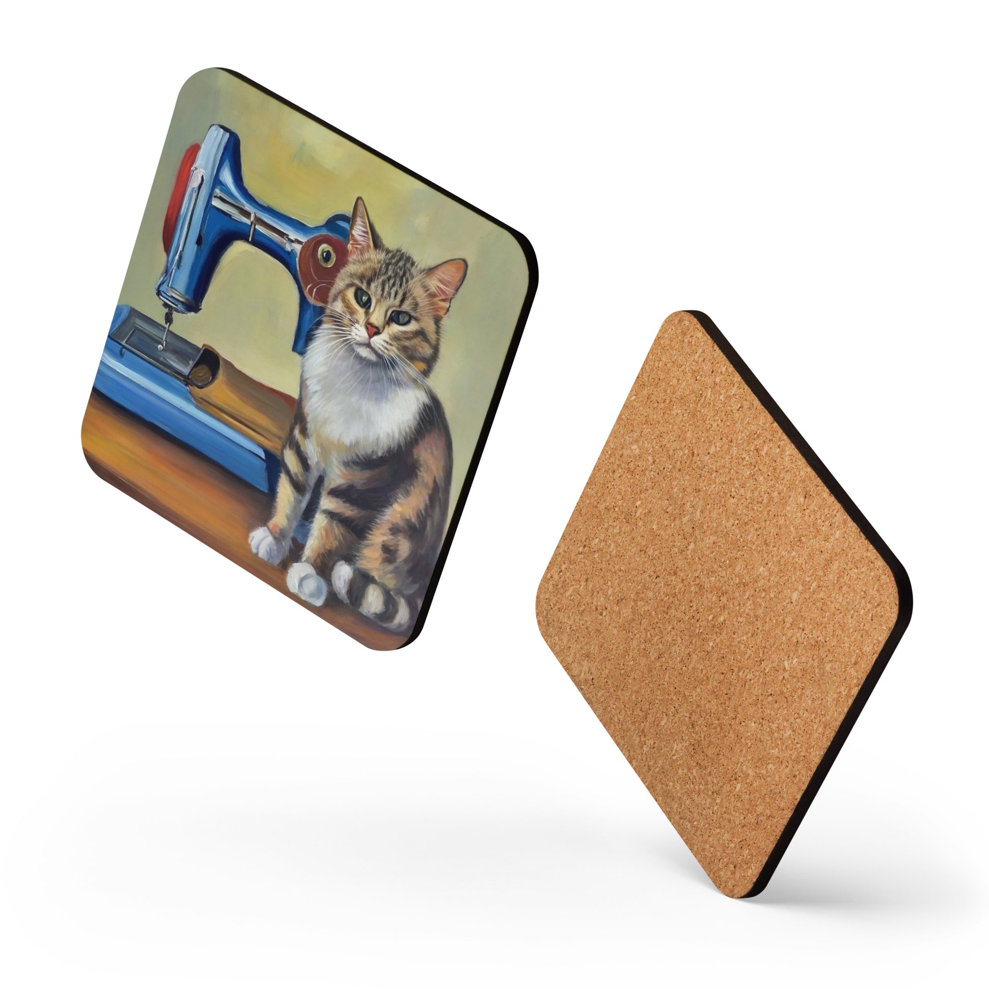 Cork-back Coaster with "Sewing Cat" Graphic - The Perfect Gift for People who Love to Sew