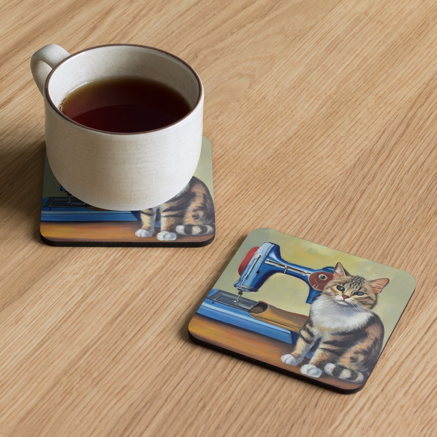 Cork-back Coaster with "Sewing Cat" Graphic - The Perfect Gift for People who Love to Sew