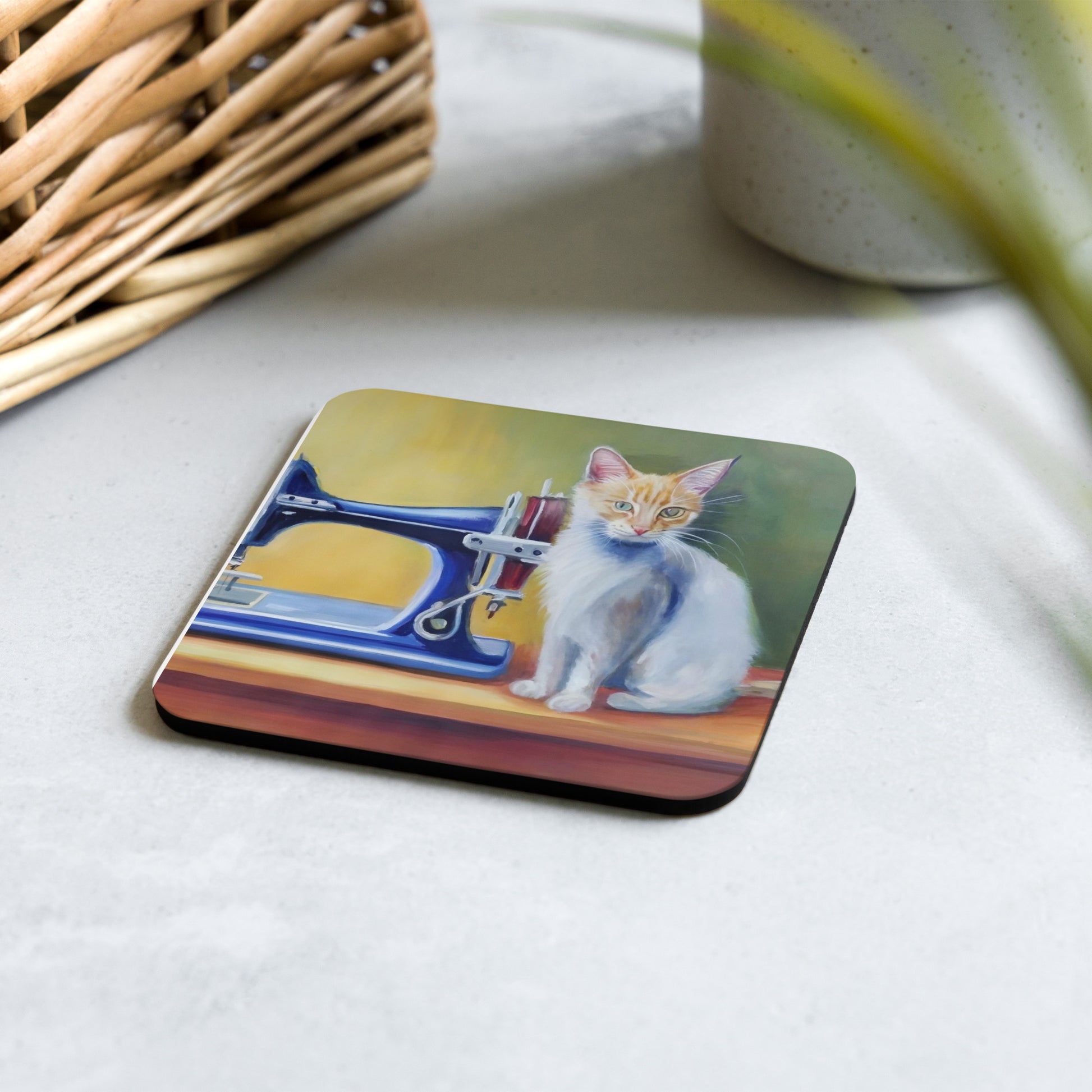 Cork-back Coaster with "Sewing Cat" Graphic - The Perfect Gift for People who Love to Sew