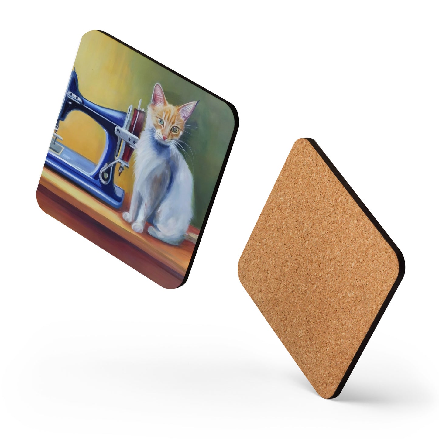 Cork-back Coaster with "Sewing Cat" Graphic - The Perfect Gift for People who Love to Sew