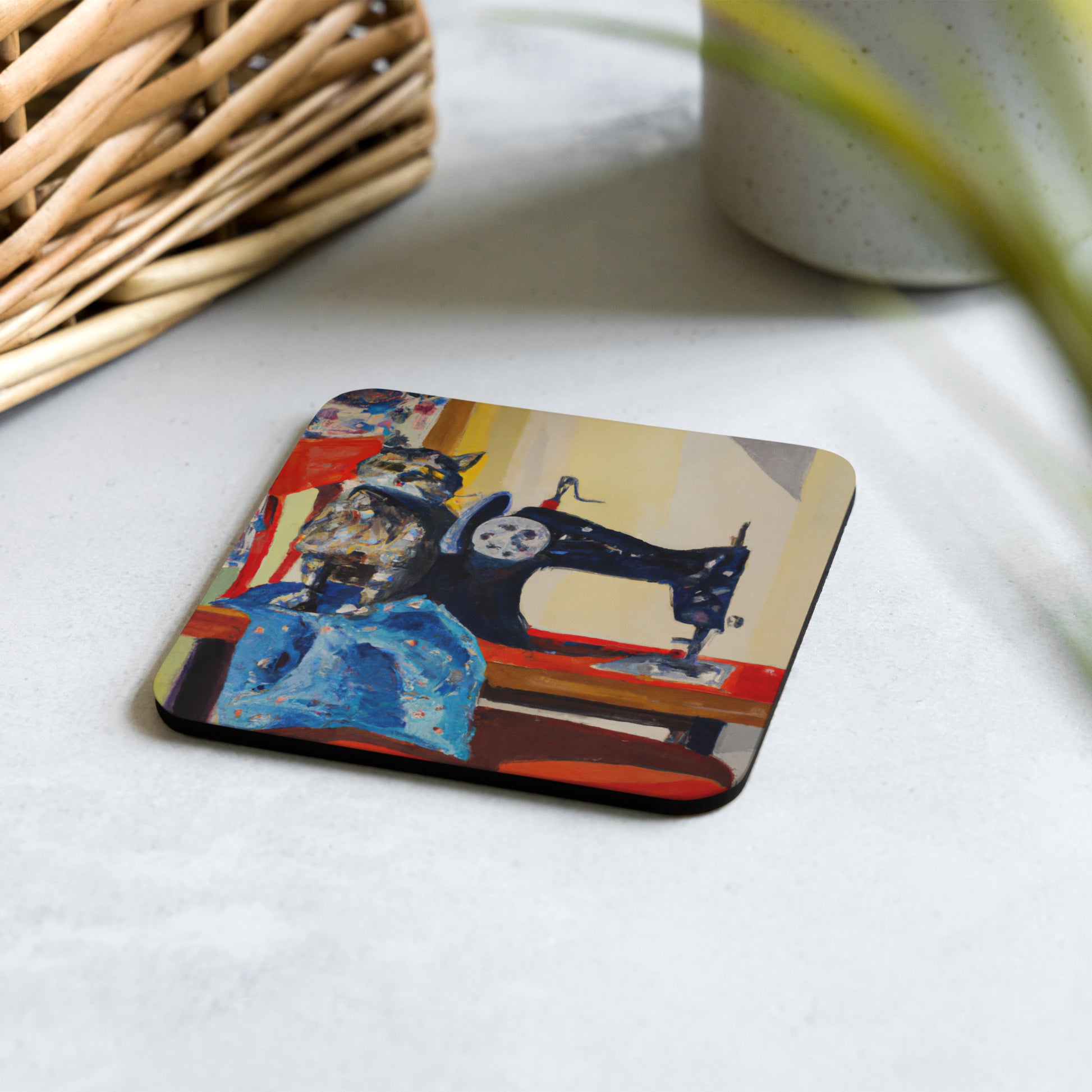 Cork-back Coaster with "Sewing Cat" Graphic - The Perfect Gift for People who Love to Sew