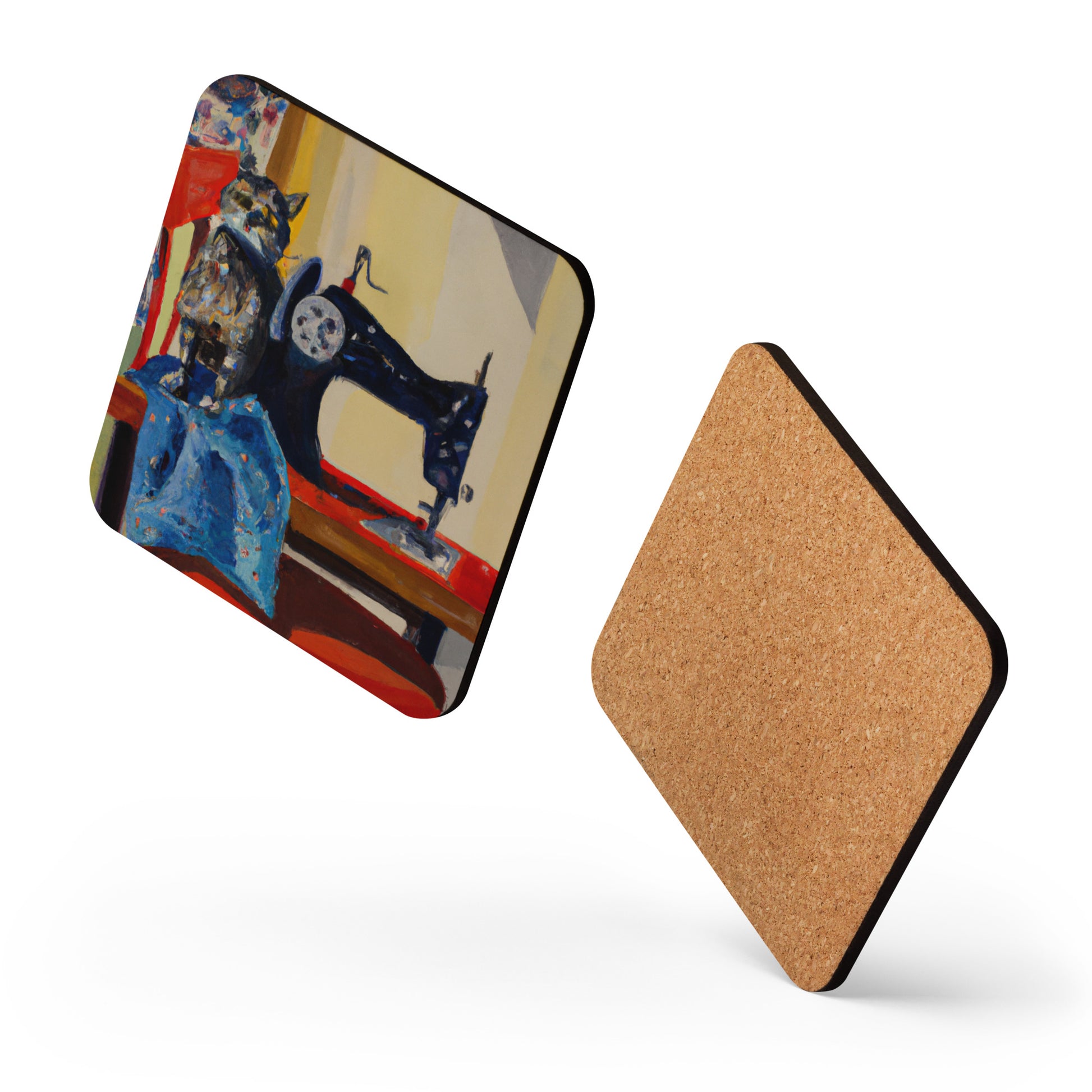 Cork-back Coaster with "Sewing Cat" Graphic - The Perfect Gift for People who Love to Sew