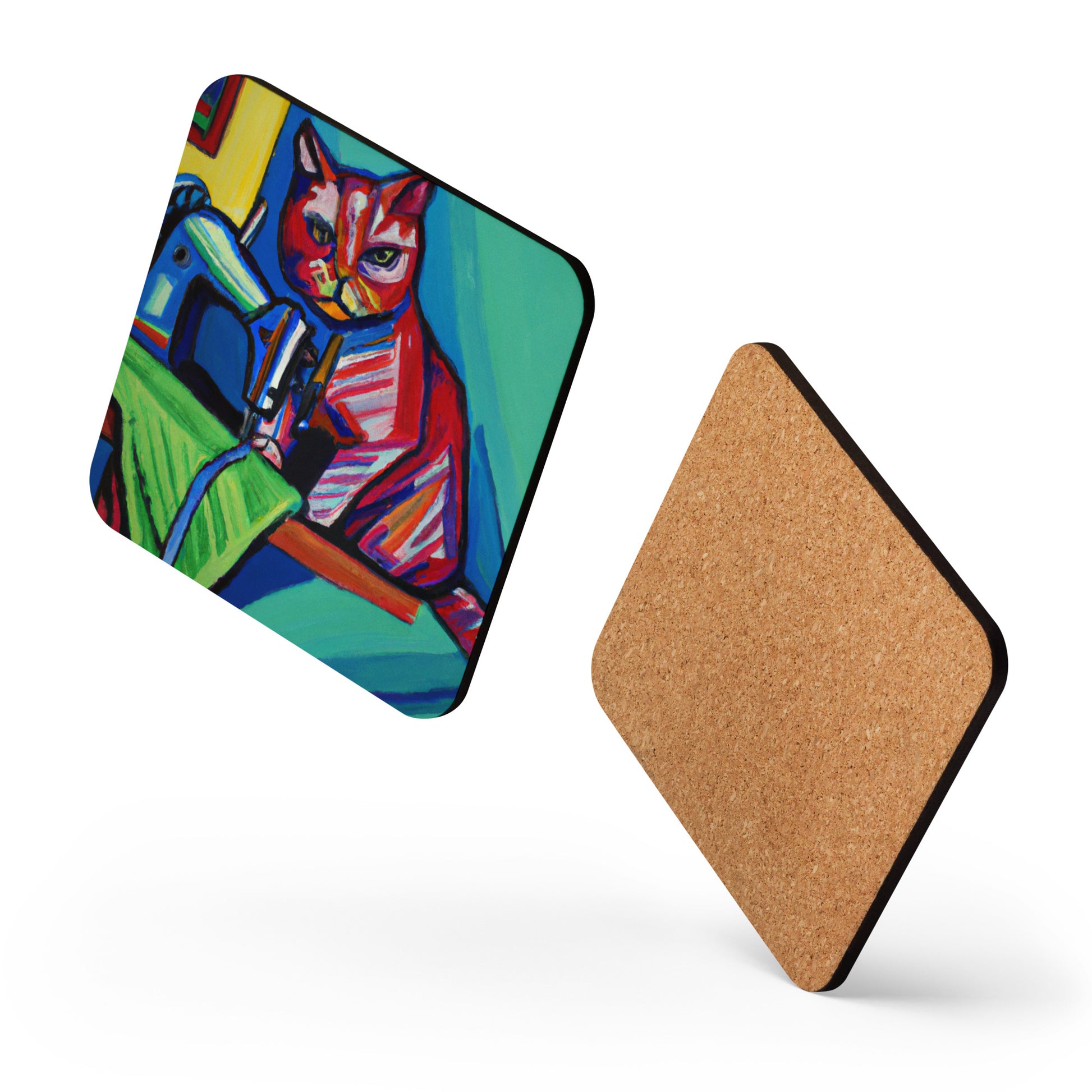 Cork-back Coaster with "Sewing Cat" Graphic - The Perfect Gift for People who Love to Sew