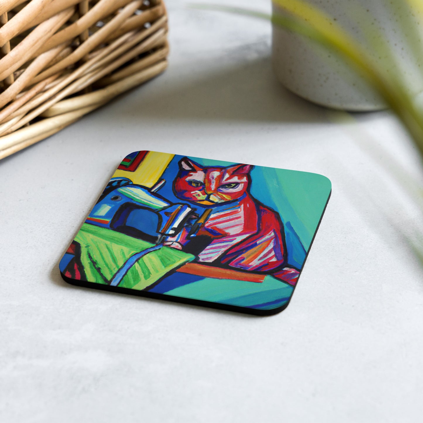 Cork-back Coaster with "Sewing Cat" Graphic - The Perfect Gift for People who Love to Sew