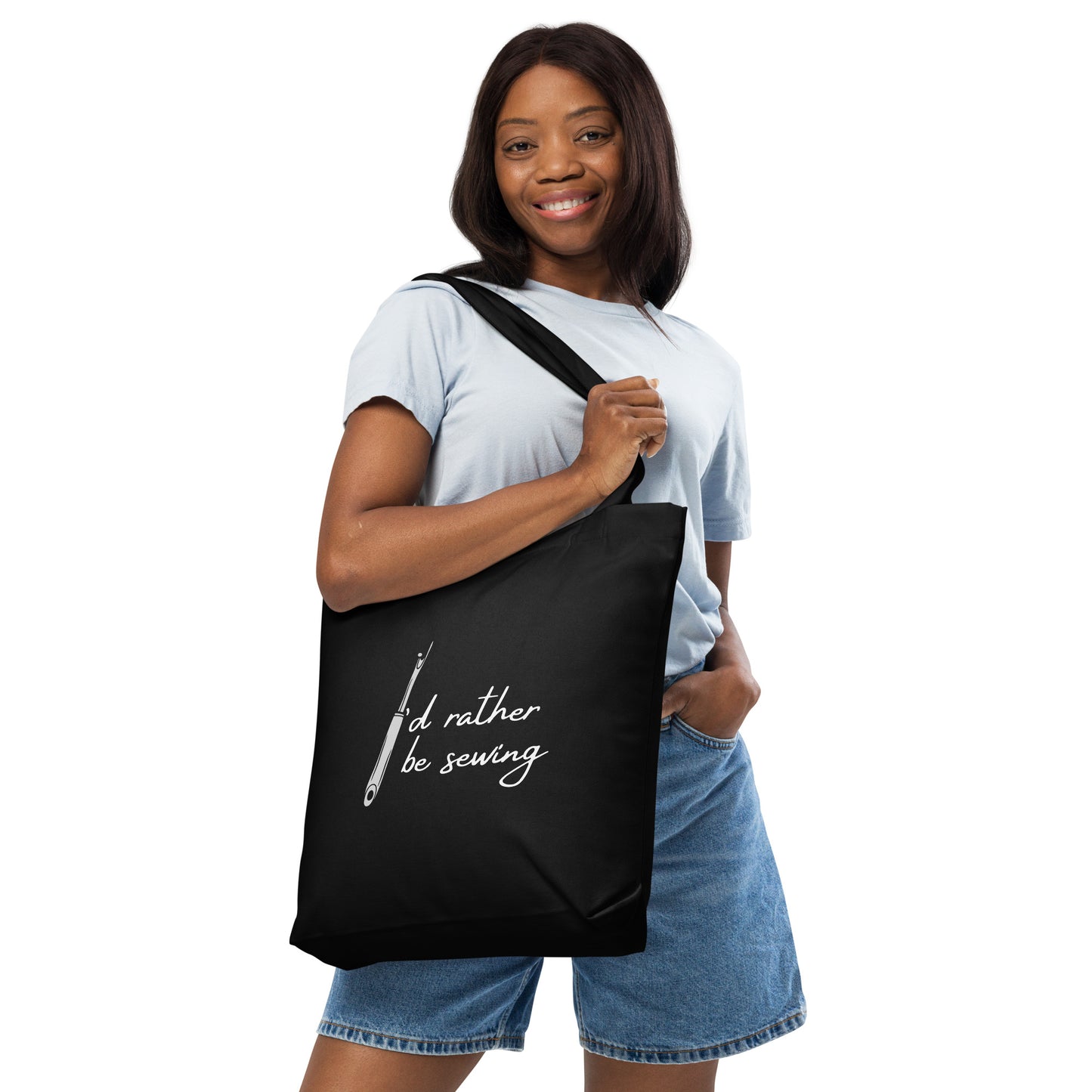 Black Tote Bag with "I'd rather be sewing" design, the perfect gift for people who sew