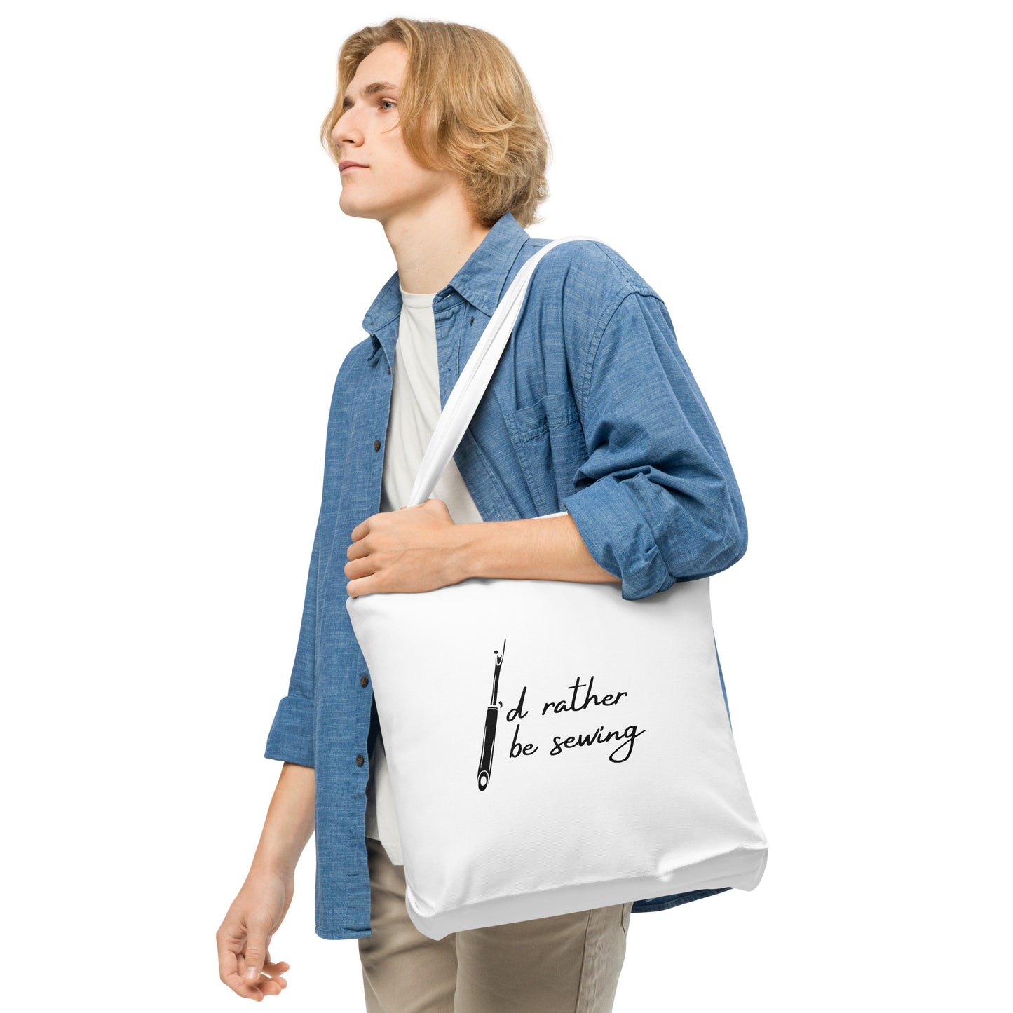 White Tote Bag with "I'd rather be sewing" design, the perfect gift for people who sew