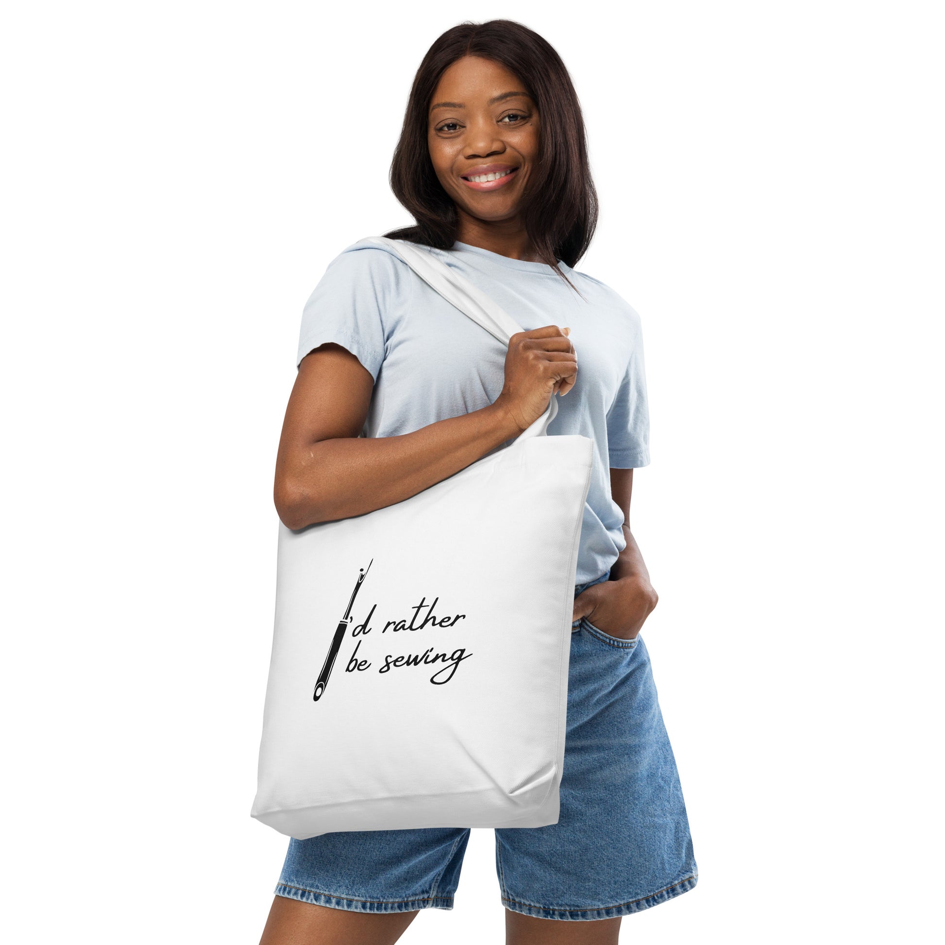 White Tote Bag with "I'd rather be sewing" design, the perfect gift for people who sew