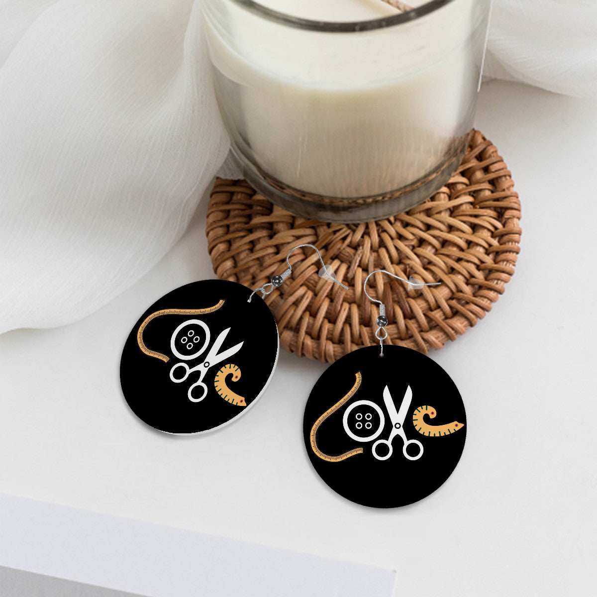 Circle Drop Leather Earrings with " Love Sewing" design, the perfect gifts for people who love to sew