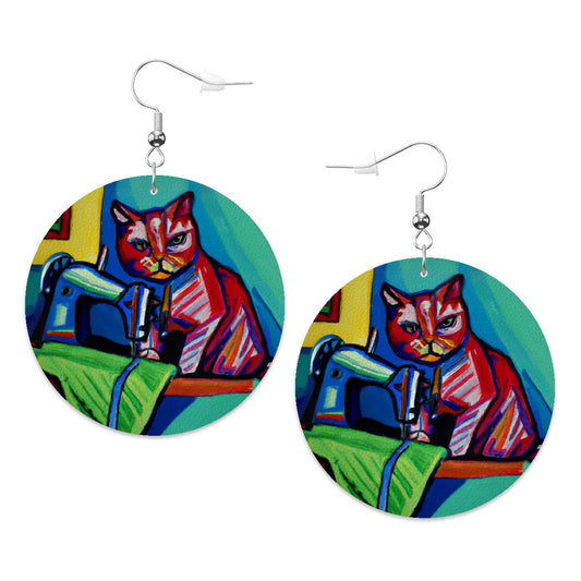 Circle Drop Earrings with "Sewing Cats" design – The Perfect Gift for People who Love to Sew