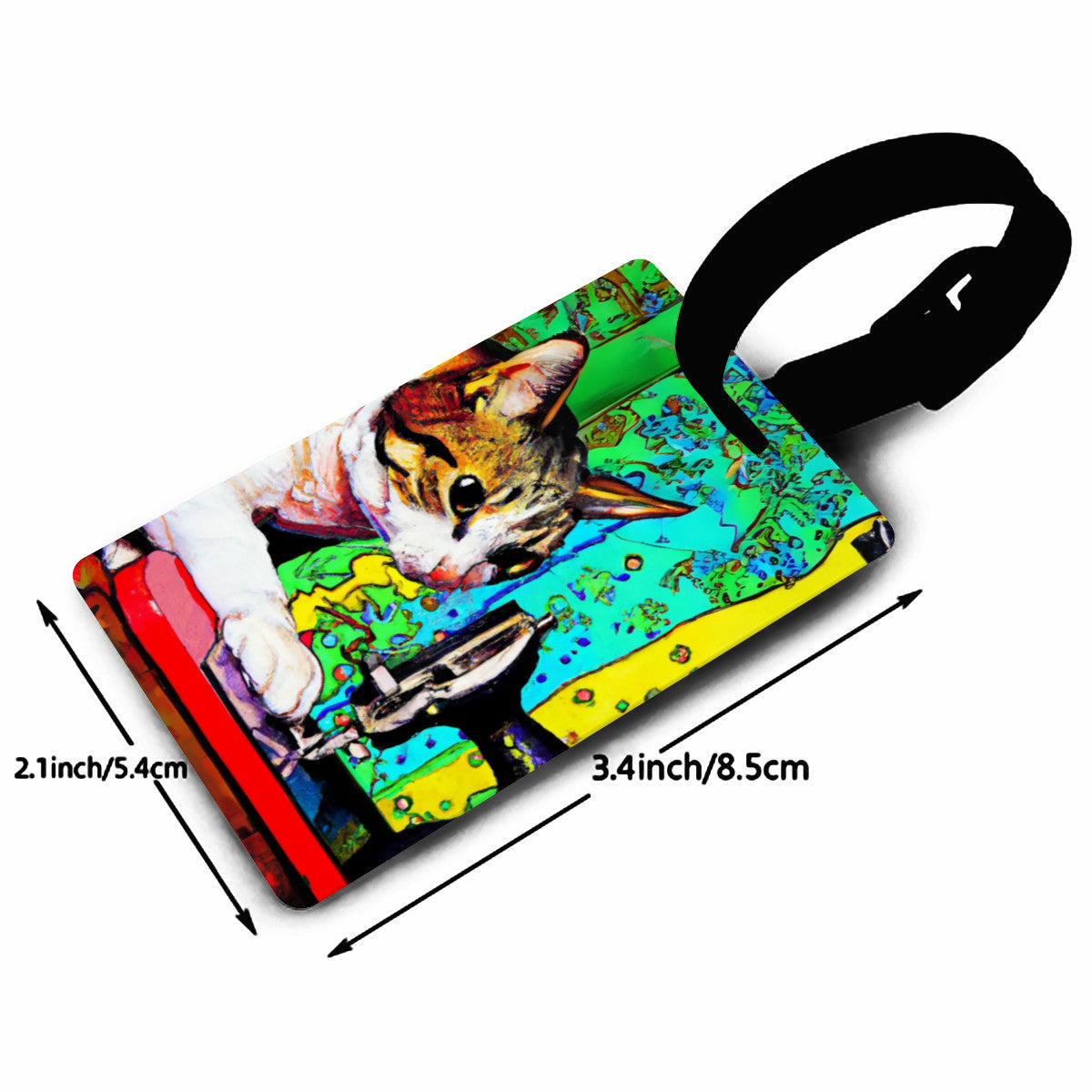 Luggage Tag with "Sewing Cat" design, the ideal gift for people who love to sew, cat lovers, and travelers.