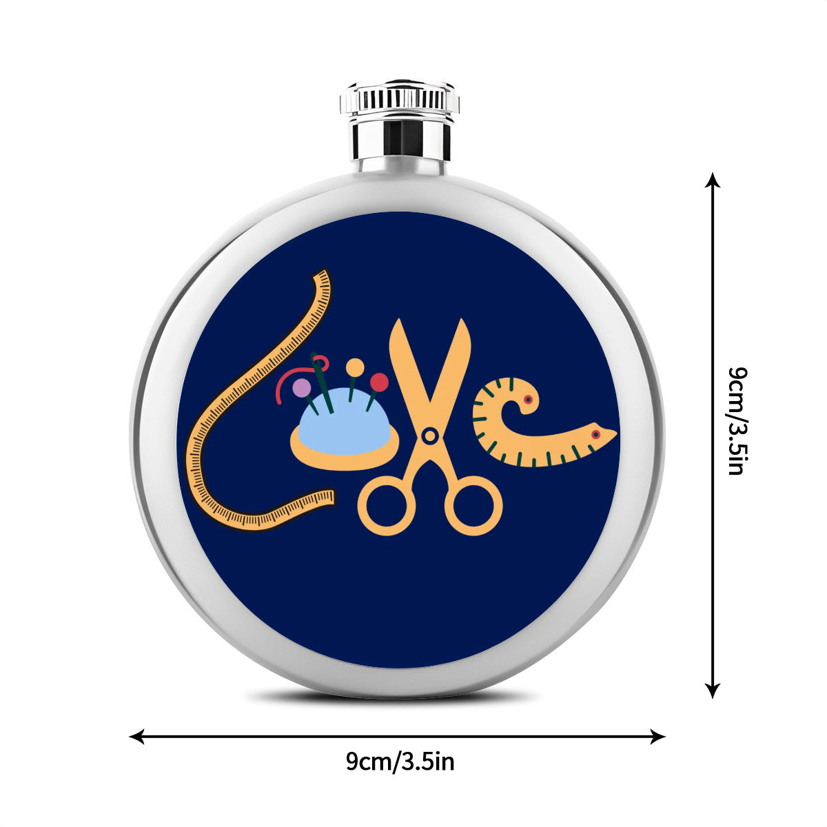 Navy Flask with "Love Sewing" design, the Perfect Gift for People who Love to Sew