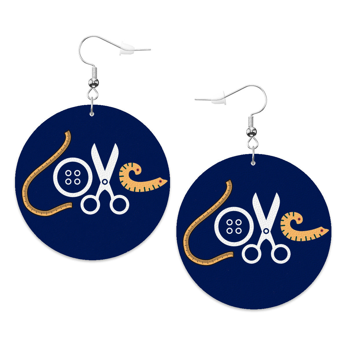 Navy Circle Drop Leather Earrings with " Love Sewing" design, the perfect gifts for people who love to sew