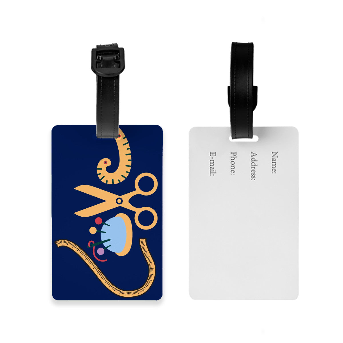 Navy Luggage Tag with "Love Sewing" design, the ideal gift for people who love to sew, cat lovers, and travelers.