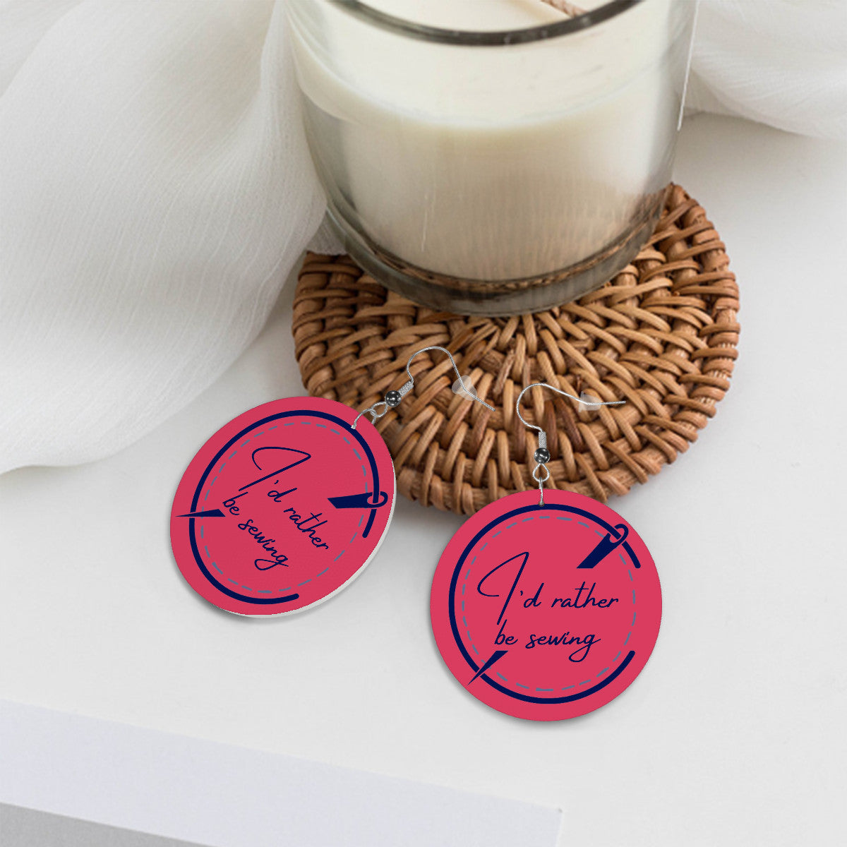 Circle Drop Earrings with "I'd Rather be Sewing" design – The Perfect Gift for People who Love to Sew