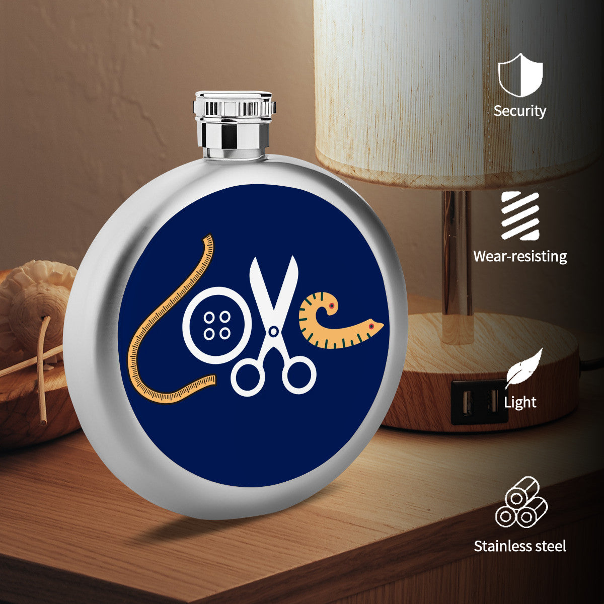 Navy Flask with "Love Sewing" design, the Perfect Gift for People who Love to Sew