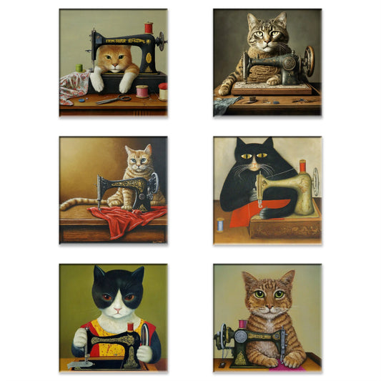  A Set of 6 Square Leather Coasters with "Sewing Cat" Graphic - The Perfect Gift for People who Love to Sew