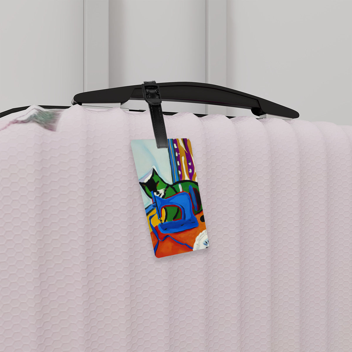 Luggage Tag with "Sewing Cat" design, the ideal gift for people who love to sew, cat lovers, and travelers.