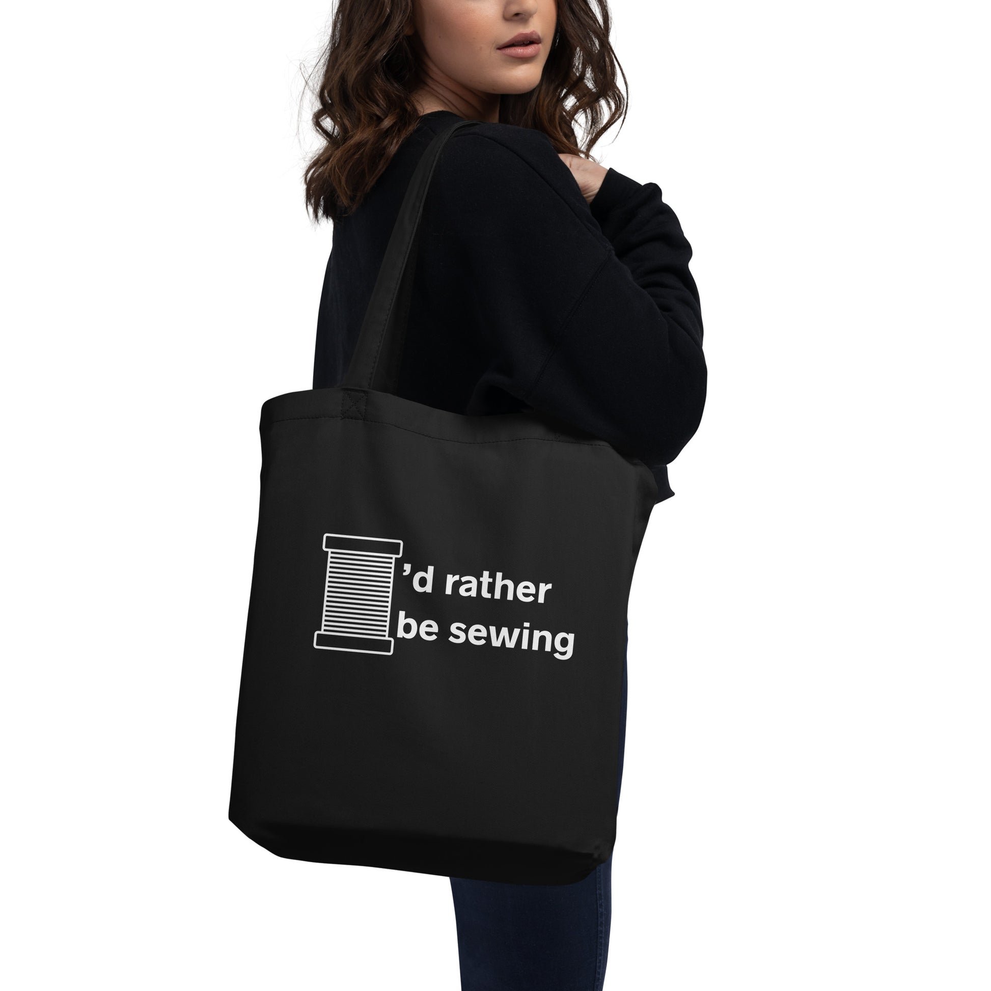 Black Tote Bag with "I'd rather be sewing" design, the perfect gift for people who sew