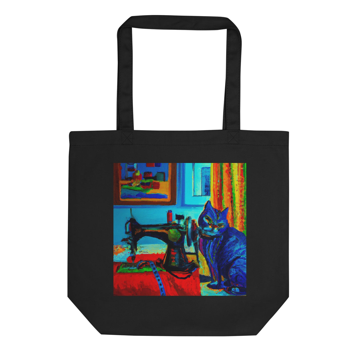 Black Tote Bag with "Sewing Cat" graphic design, the perfect gift for people who sew