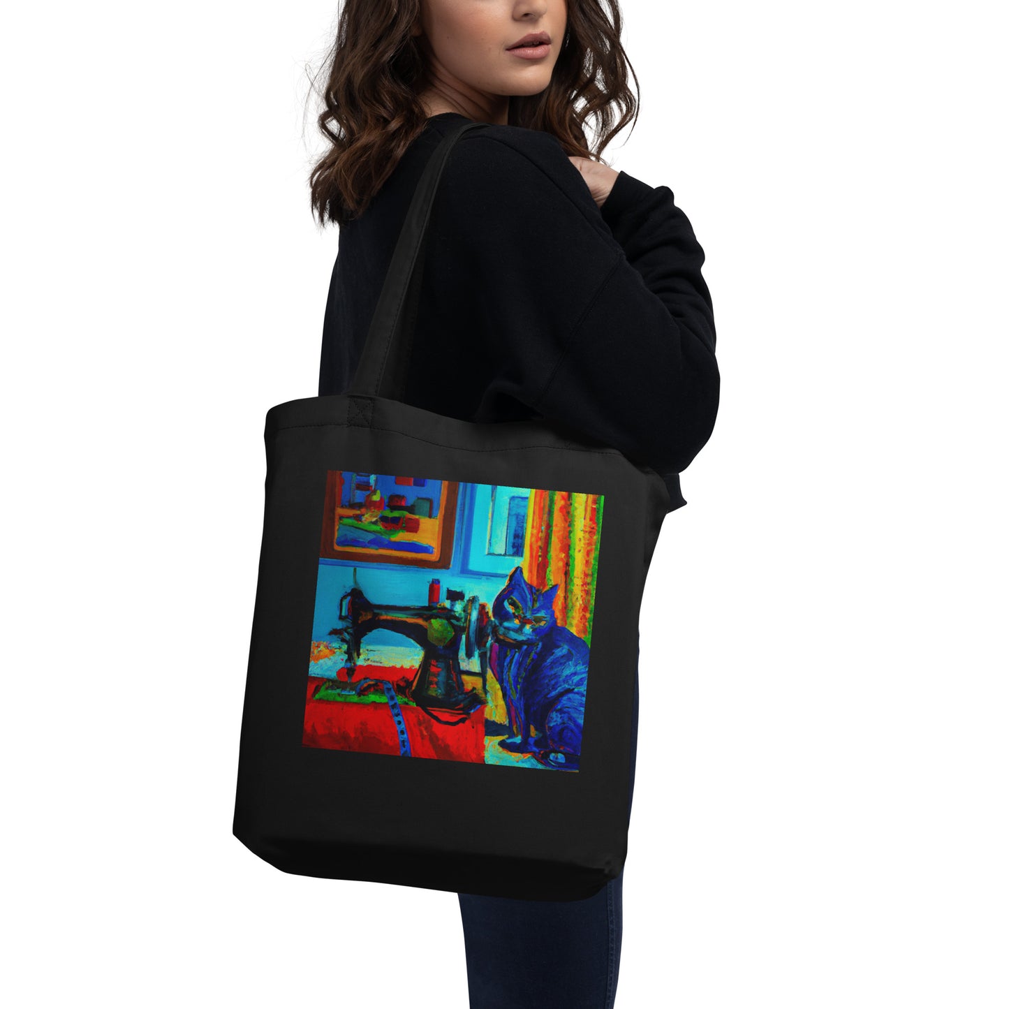 Black Tote Bag with "Sewing Cat" graphic design, the perfect gift for people who sew