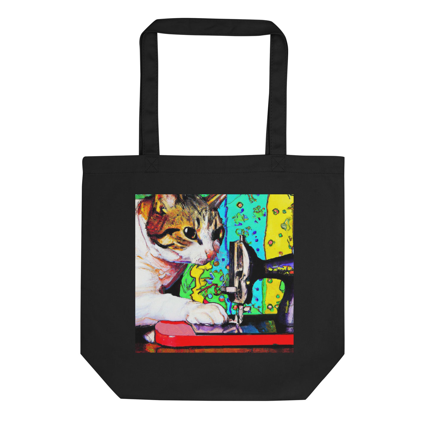 Black Tote Bag with "Sewing Cat" graphic design, the perfect gift for people who sew