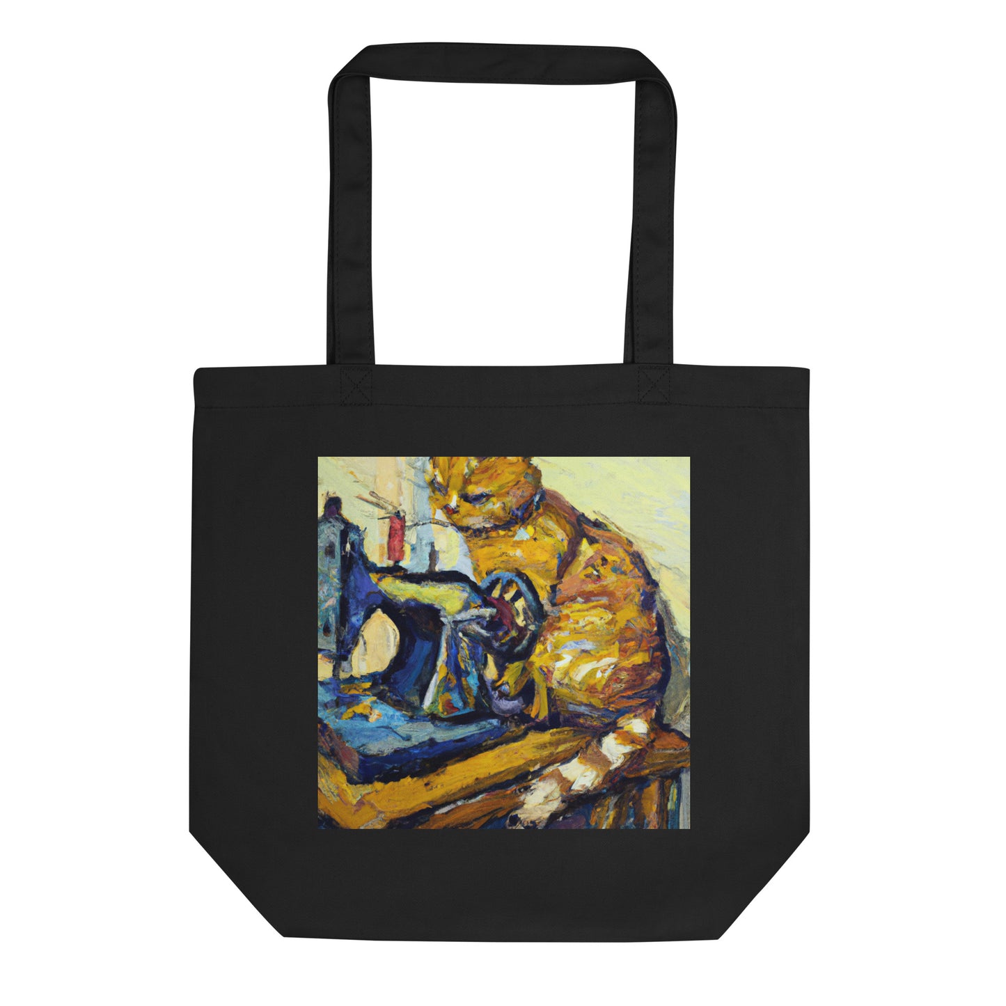 Black Tote Bag with "Sewing Cat" graphic design, the perfect gift for people who sew