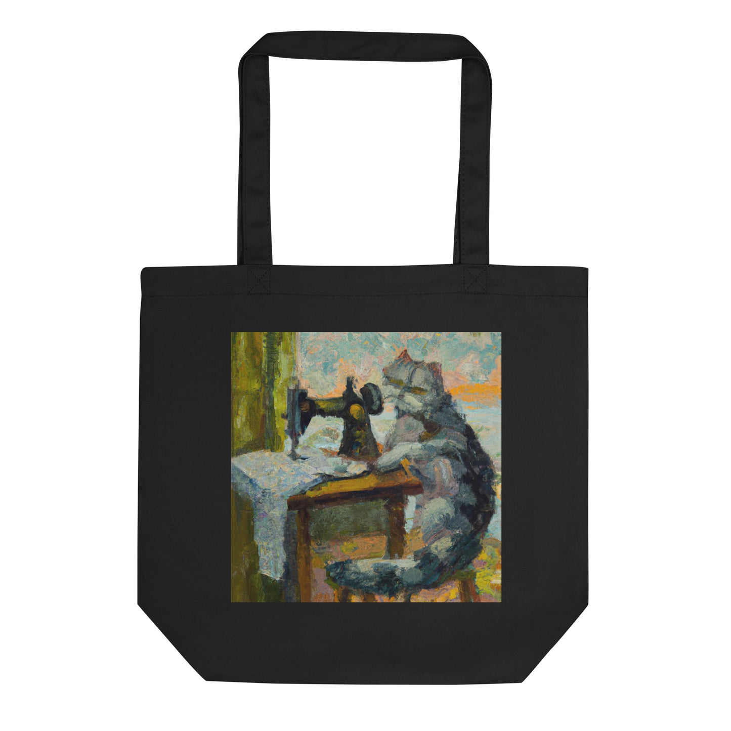 Black Tote Bag with "Sewing Cat" graphic design, the perfect gift for people who sew