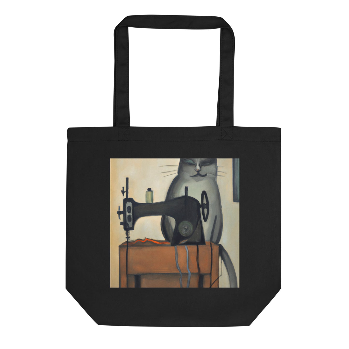 Black Tote Bag with "Sewing Cat" graphic design, the perfect gift for people who sew