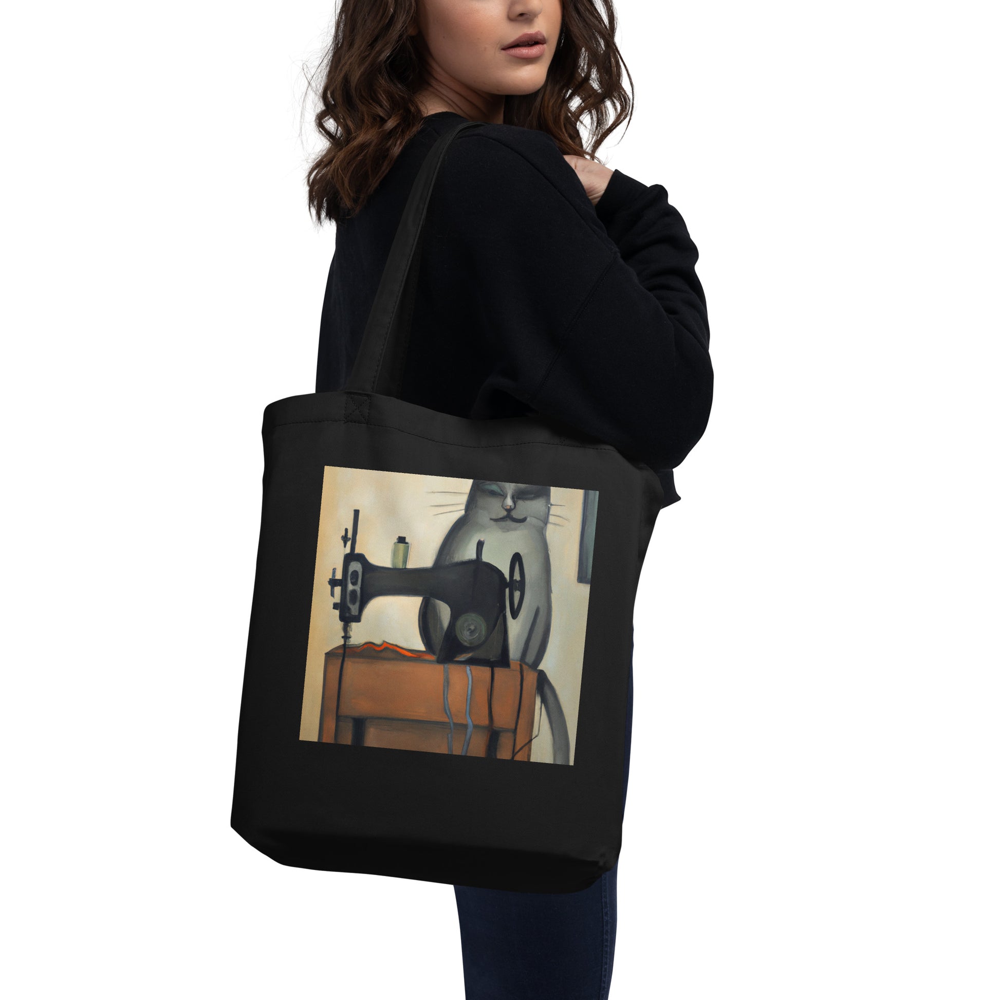 Black Tote Bag with "Sewing Cat" graphic design, the perfect gift for people who sew