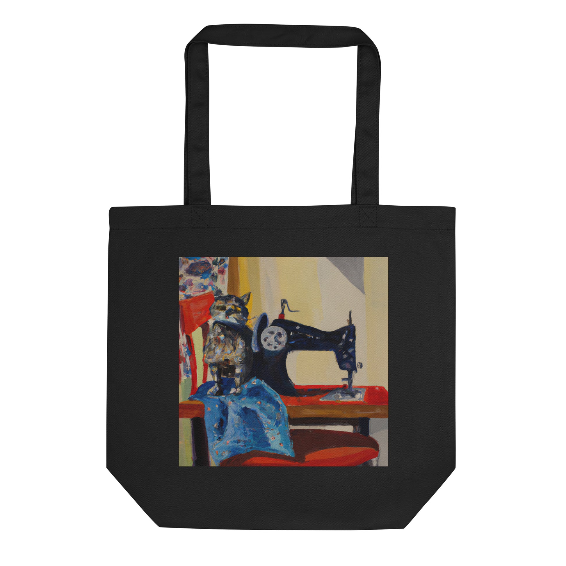 Black Tote Bag with "Sewing Cat" graphic design, the perfect gift for people who sew