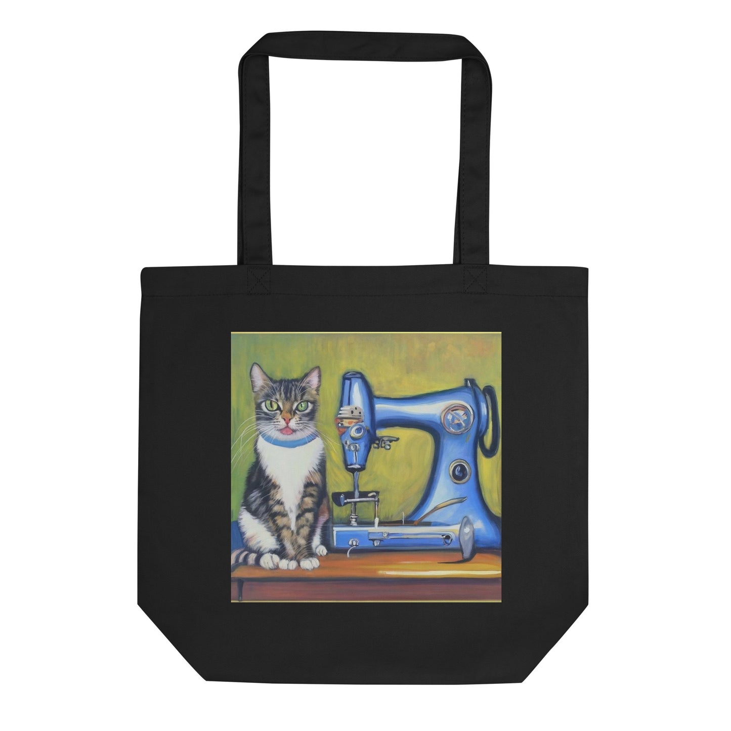 Black Tote Bag with "Sewing Cat" graphic design, the perfect gift for people who sew