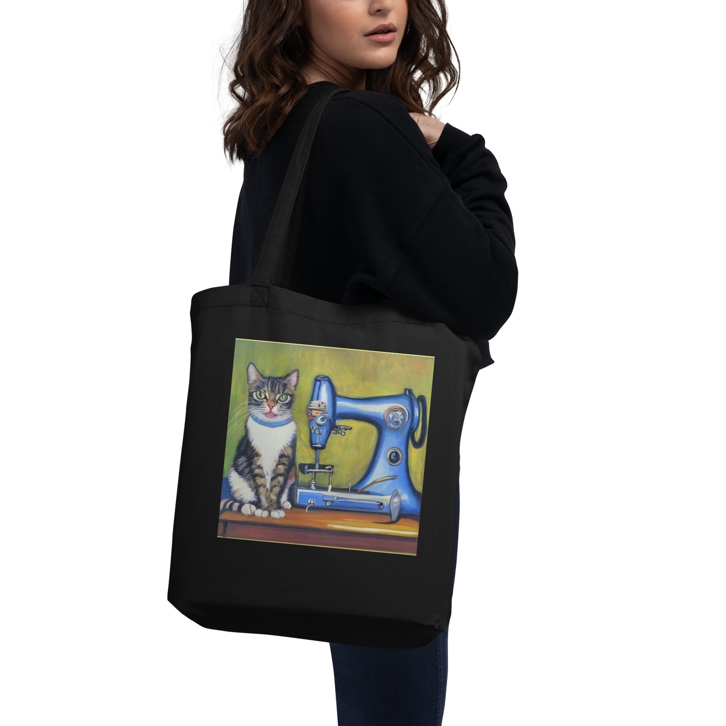 Black Tote Bag with "Sewing Cat" graphic design, the perfect gift for people who sew