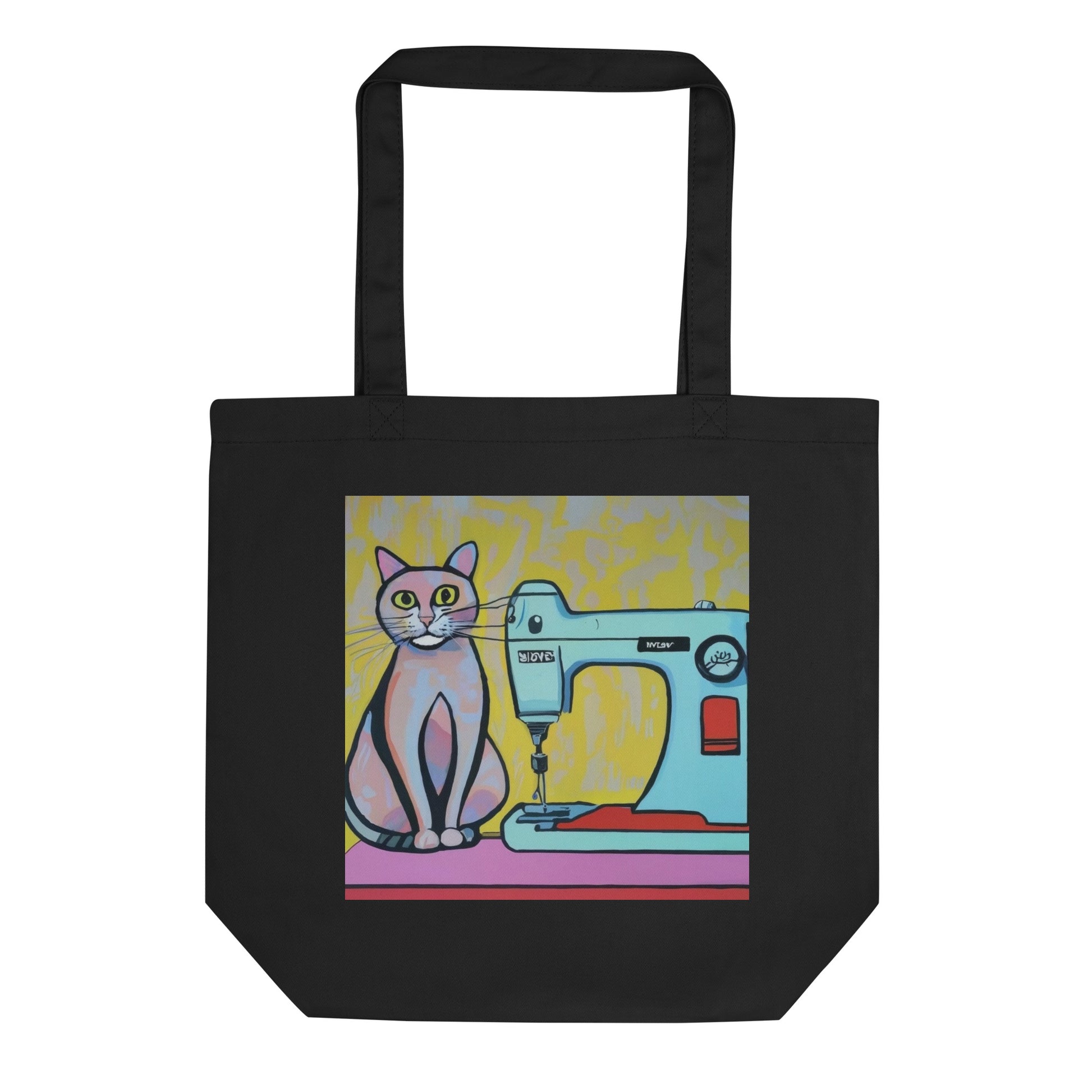 Black Tote Bag with "Sewing Cat" graphic design, the perfect gift for people who sew