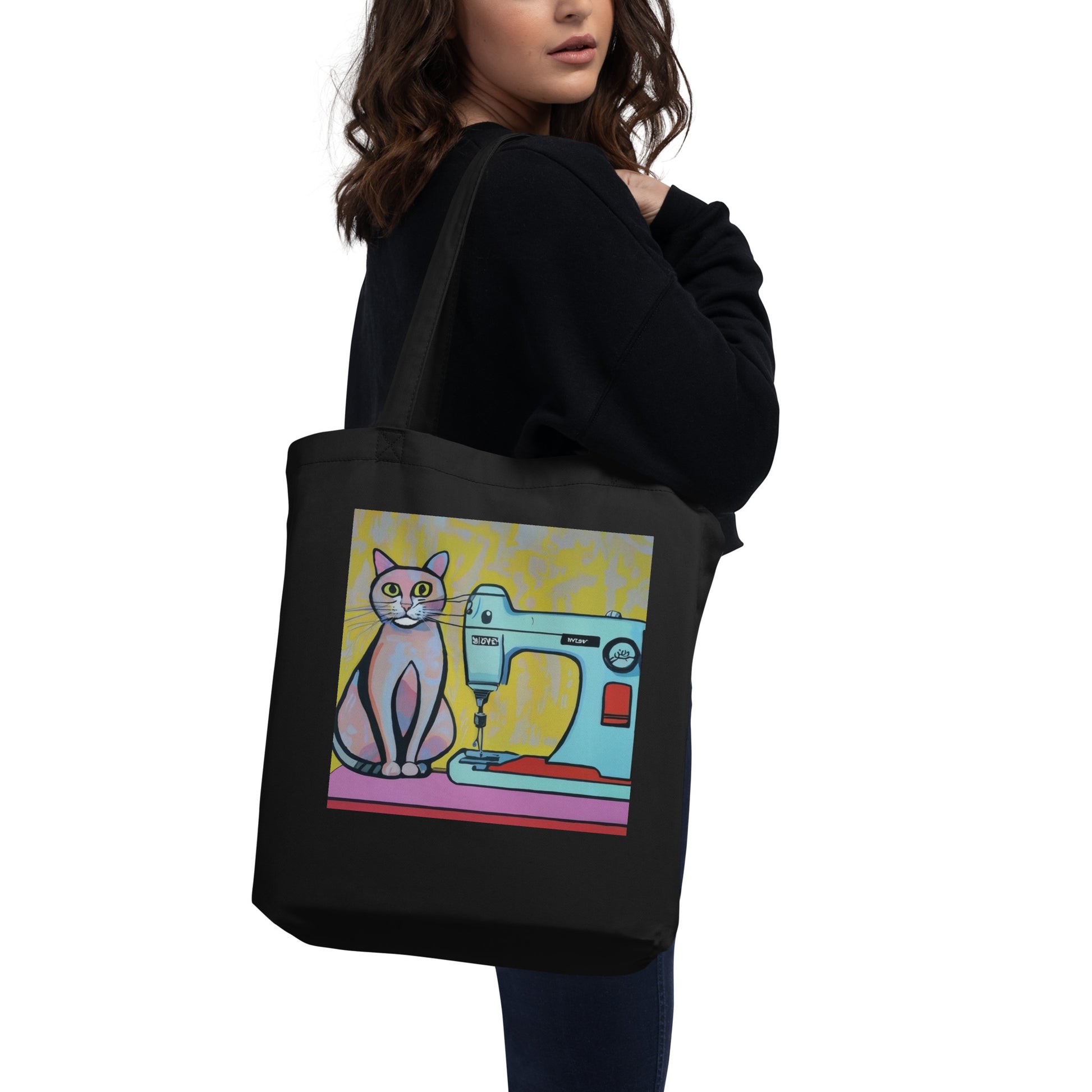 Black Tote Bag with "Sewing Cat" graphic design, the perfect gift for people who sew